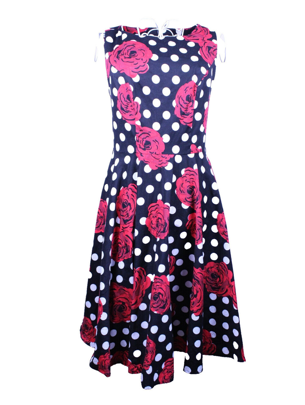 Grace Karin 1950s Retro Swing Dress Black White Polka Dot Red Rose Size S